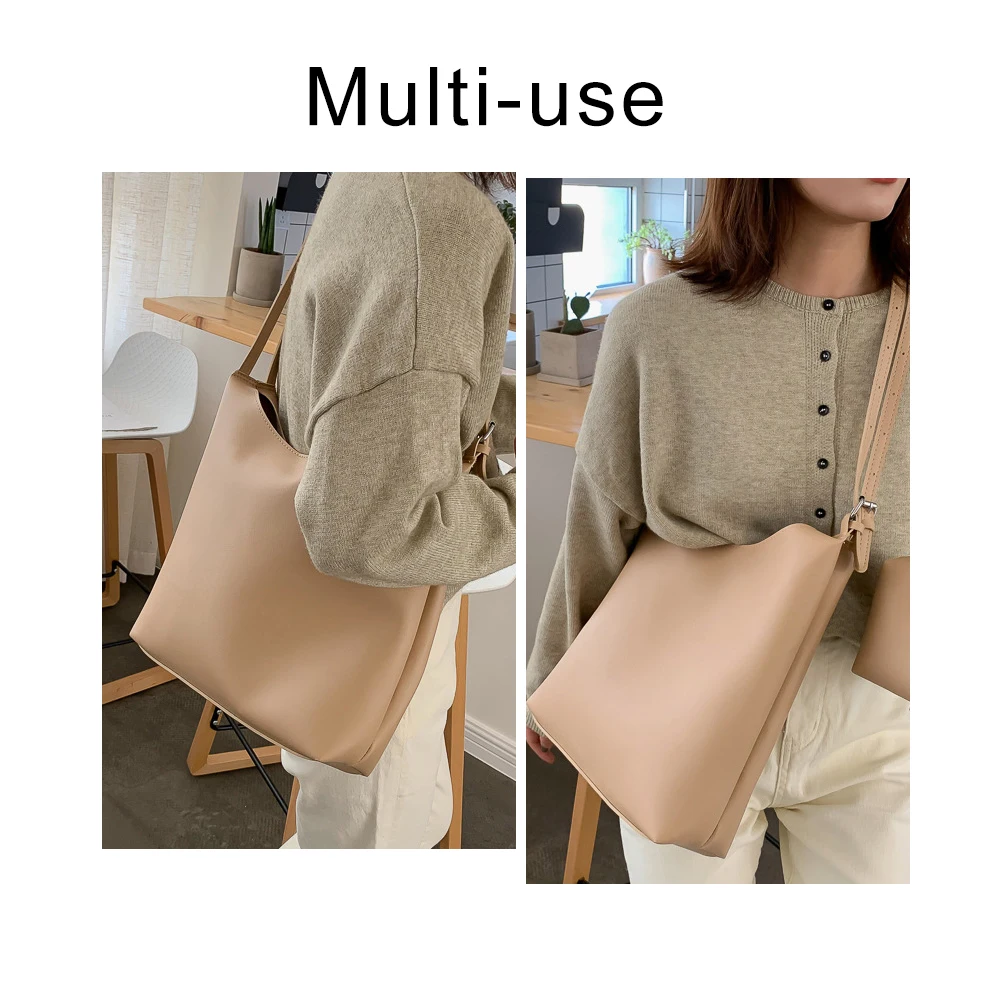 Fashion Pu Leather Composite Bags For Ladies Casual Solid Large Capacity Bucket Bags For Women Simple Vintage Messenger Bags New