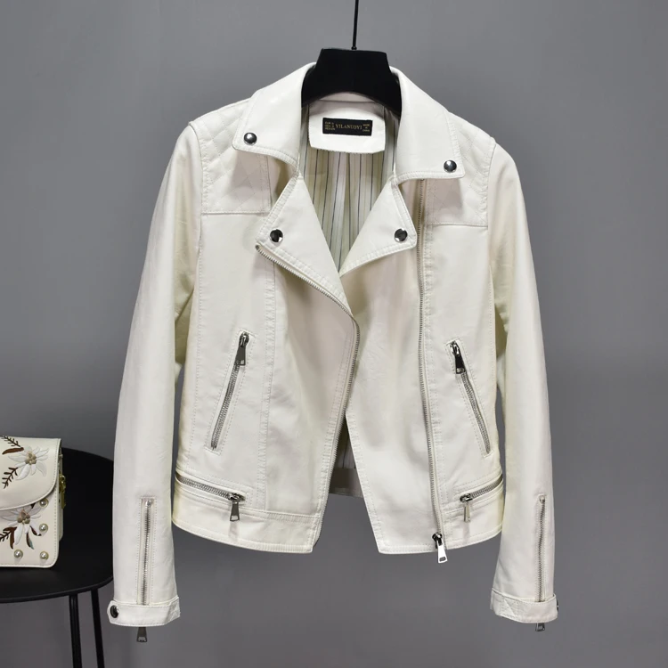 

Smlinan Motorcycle Biker Faux Pu Leather Jacket Women Turn-down Collar Zipper Moto & Biker Bomber Leather Coat Female Short