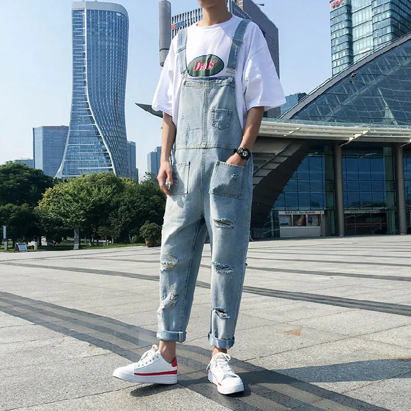 2020 Ripped Man Jeans Bib Overalls Ankle Length Hip Hop Hole Denim Jumpsuits Trousers Youth Leisure Freight Blue Cargo Pants