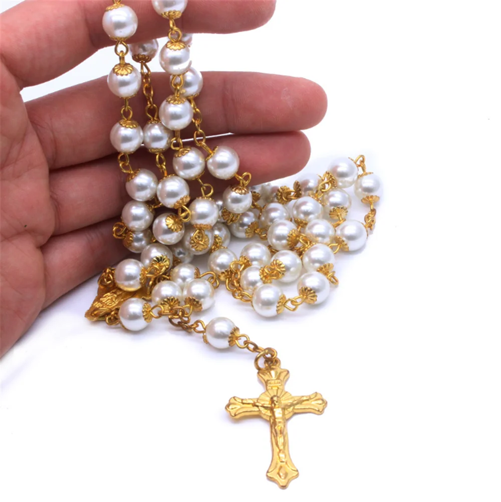 

8MM Gold Pearl Christian Catholic Cross Virgin Holy Christ Pendant Necklace For Men Women Rosary Necklace Prayer Beaded Jewelry