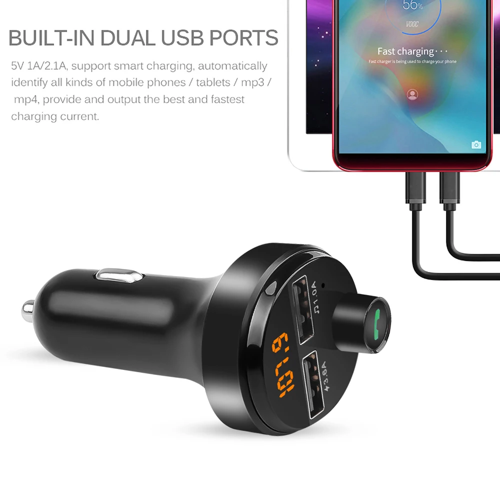 Автомобильный FM-передатчик Bluetooth 5 0 с двумя USB-портами и поддержкой быстрой