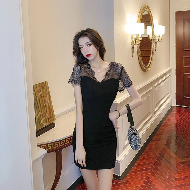 

New 2021 Summer Vintage Lace Stitching Little Black Dress Bodycon Dress Lady Office Evening Party Elegant Sweet Simple Dresses