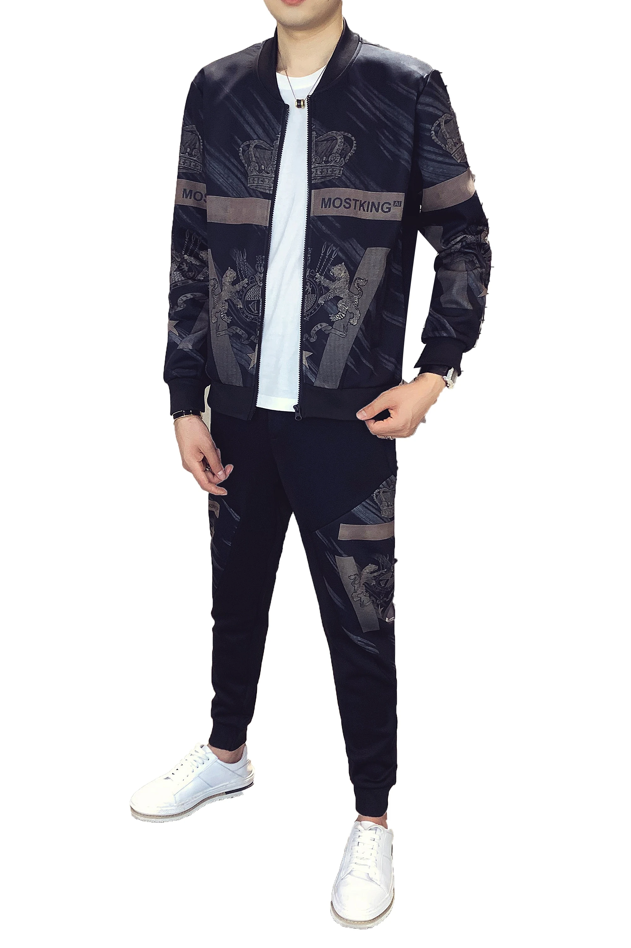 

Trendy Lion Crown Tracksuit Men Set 2020 Autumn Winter Designer Gold Print Two Piece Set Men Party Sport Zipper Jacket Tracksuit