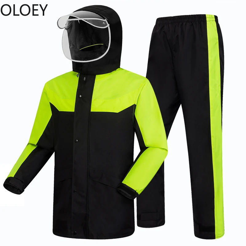 Adult Motorcycle Raincoat Rain Pants Suit Men Waterproof Rain Coat Jacket with Hood Split Mens Sports Suits Hiking Nylon Fabric
