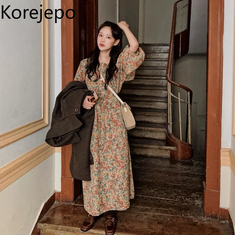 

Женское платье в Корейском стиле, шикарное шифоновое длинное платье средней длины с квадратным воротником и пышными рукавами, кружевное пл...