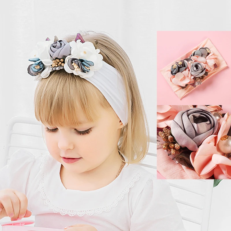

Жемчужные детские повязки на голову с цветами для девочек, ручная работа, комплект из нейлона, эластичная детская лента для волос, повязка н...