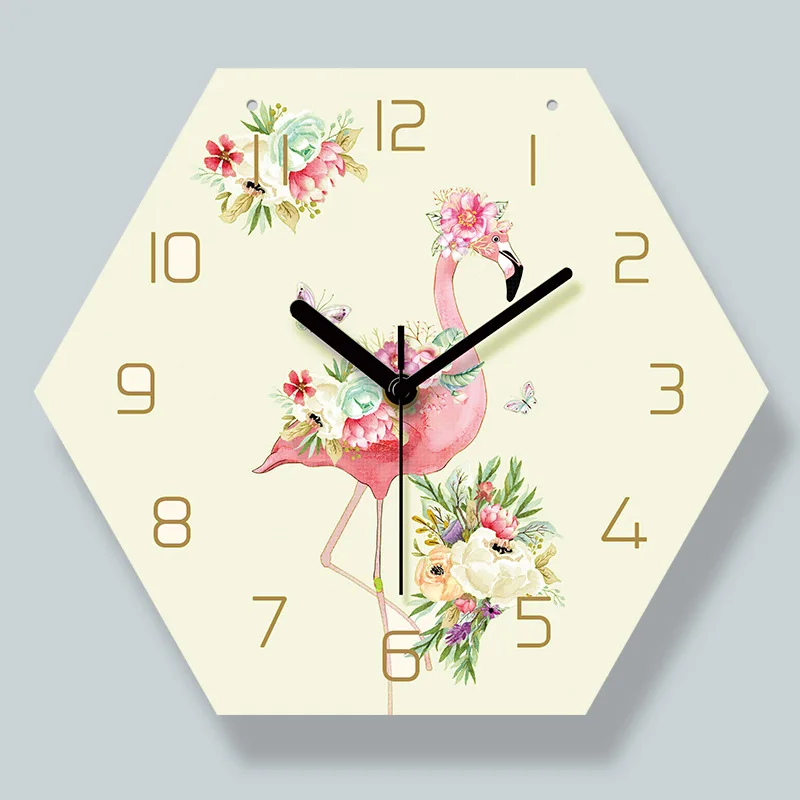 Настенные часы с акриловым ремешком шестигранные рисунком фламинго для гостиной