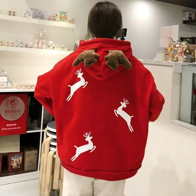

Merry Christmas gift Snow deer print Harajuku hoodie women winter jacket Red Kawaii sweatshirt Korean style Pullovers clothes