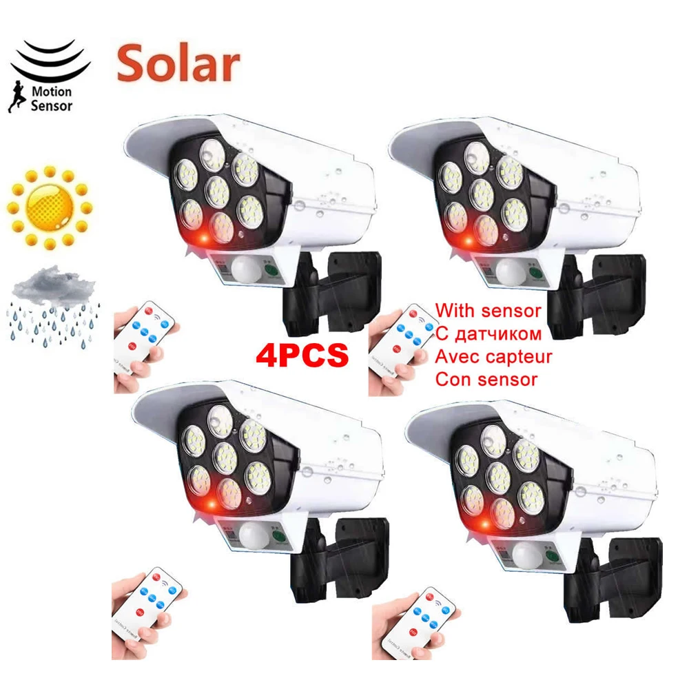 

4pcs remote solar fake monitor dummy camera Motion Sensor Wall Light Outdoor Waterproof Garden Street Lamp Garden emergency ligh