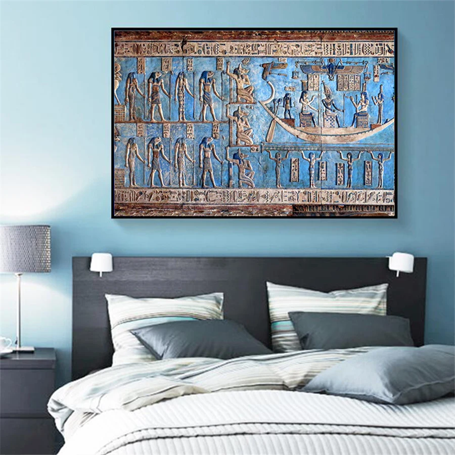 Retro Egypt Style Figure Painting Blue Ancient Egyptian Fresco Canvas Posters Prints Wall Art Paintings Pictures Cuadros Decor | Дом и сад