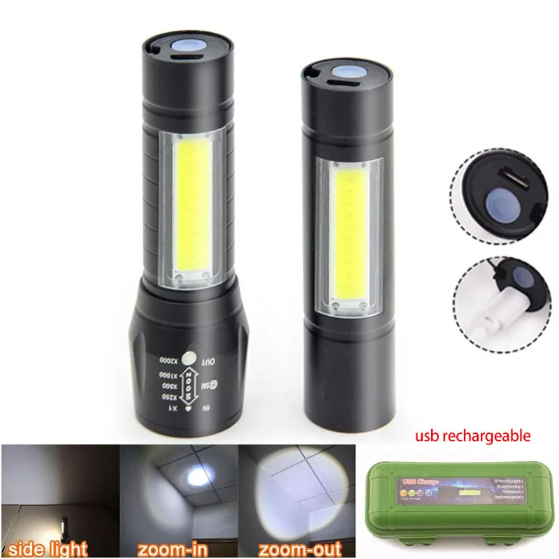 

High powerful LED Q5 flashlight COB Torch USB flash work light rechargeable Battery Lamp lanterna outdoor night Camping fishing