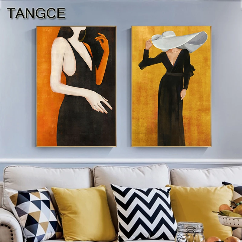 Абстрактная белая шляпа черное платье холщовое искусство длинные волосы