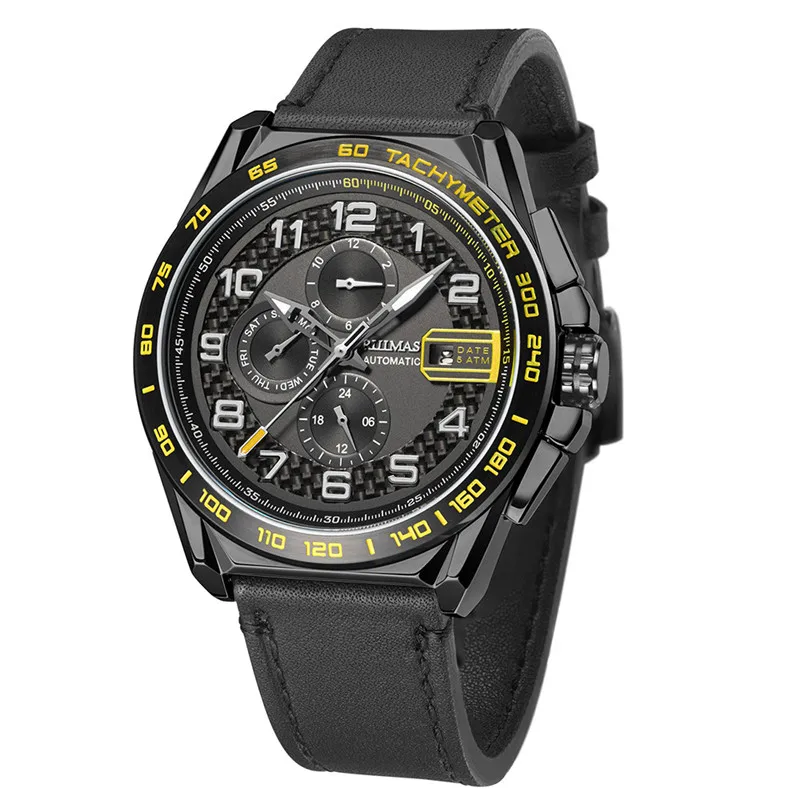 Black-yellow RUIMAS, мужские модные спортивные часы, автоматические механические часы с ремешком из натуральной кожи, повседневные деловые часы, мужские часы, наручные часы - Цвет: Black-yellow