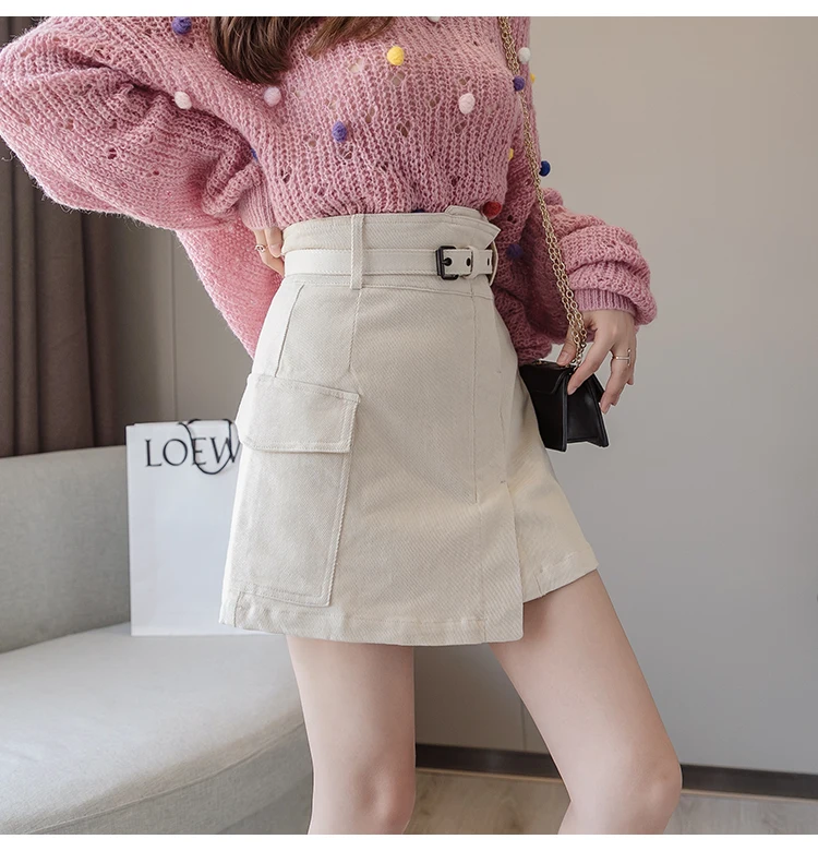 Trytree Autumn Women Casual Empire Short Skirt 5 Colour A-line Fashion Elegant Pockets Button Belt Mini Office Lady Short Skirt