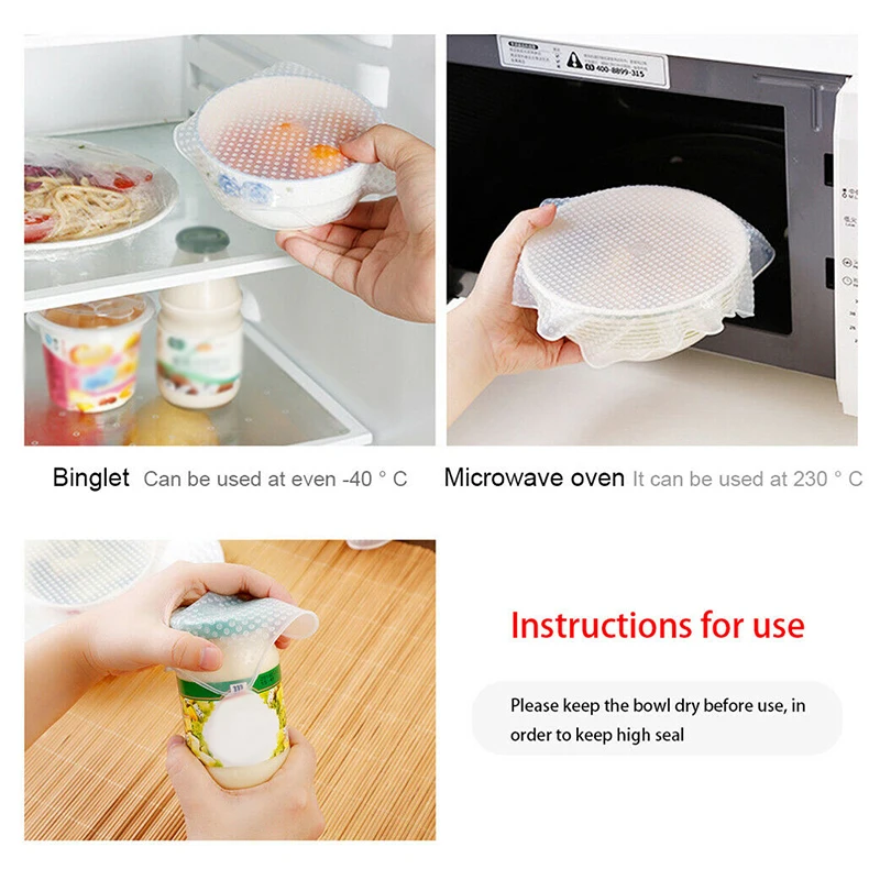 

4Pcs Multifunctional Lid Bowl Reusable Food Grade Bowl Cover Wrap Film Kitchen Refrigerator Fresh Cover Transparent Seal Cover