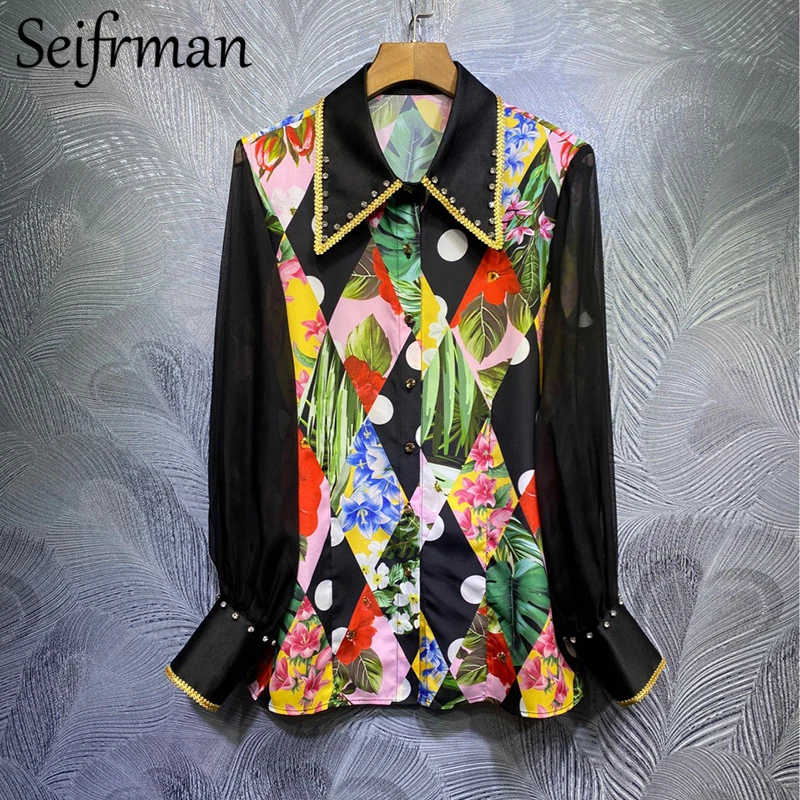

Seifrmann 2021 Новая Женская Весенняя модная подиумная рубашка с рукавами-фонариками великолепные свободные женские топы с кристаллами и цветочн...