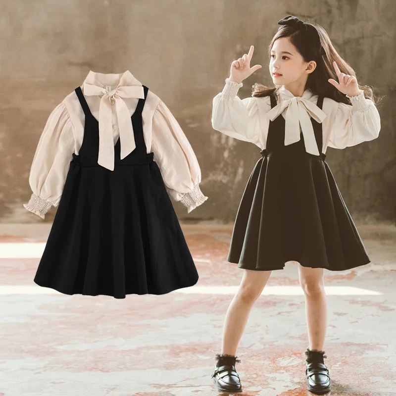 

New Kids Clothes Sets Girls Autumn Clothing Fashion Baby Girls Outfits Children Bow Strap Dress + Shirt Two-Piece Suit