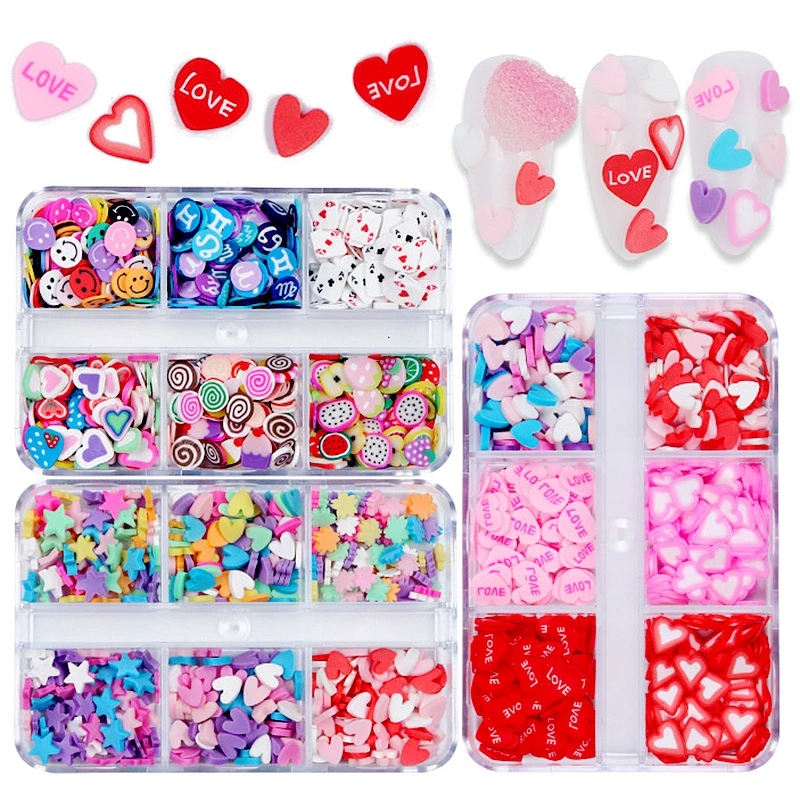 6 Grids/Box Fimo Slice Nail Art Paillette Decals X'mas Halloween Love Candy Cake Poker Sequins Soft Clay Manicure Nail Ornaments