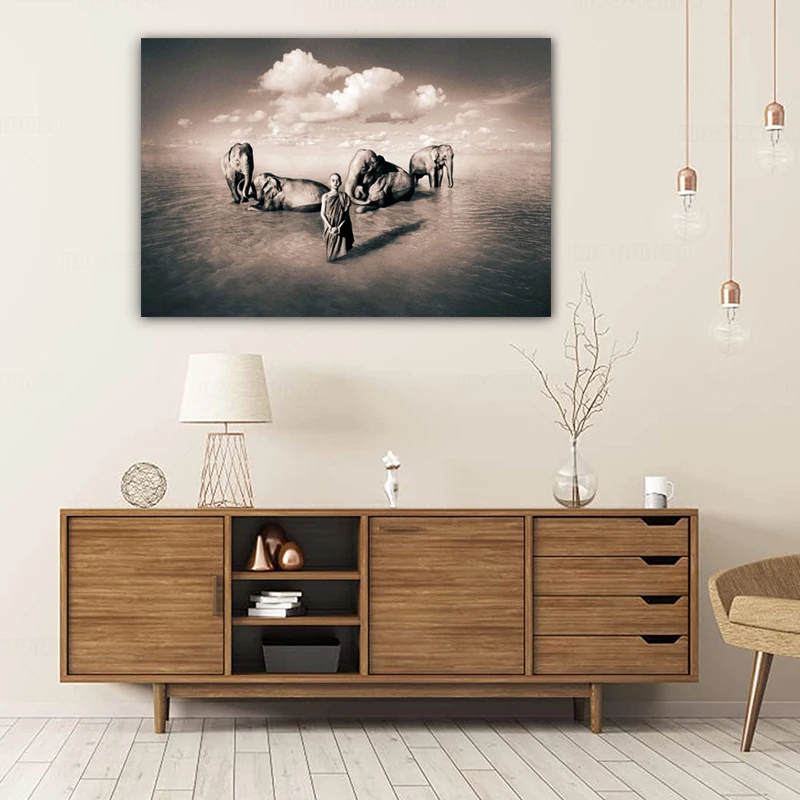 Будда человек и нутива Зен слон религия искусство холст живопись Настенная