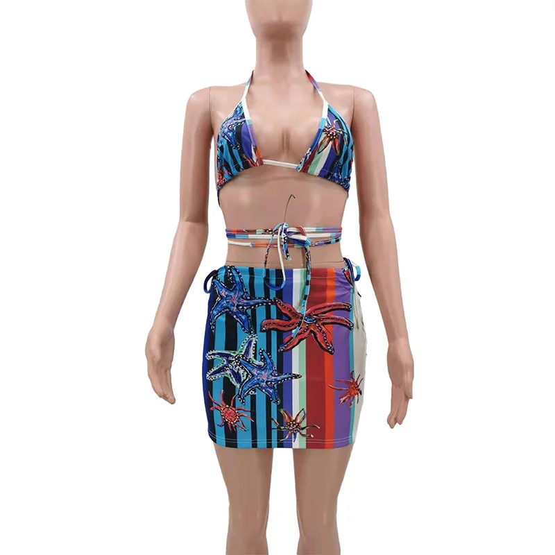 

Beyprern Fashion Star Island Bikini Skirt Set Two-Piece Suits Summer Sleeveless Bra Top And Laced Beach Suits Vacation Outfits