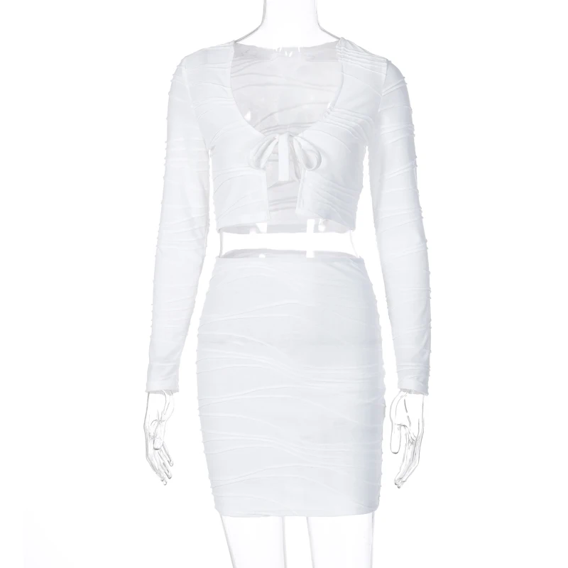 

LVINMW Sexy Ruched Bodycon Two Piece Set Lace Up Bow Long Sleeve V Neck Crop Top Skinny Mini Skirts Female Streetwear Outfits