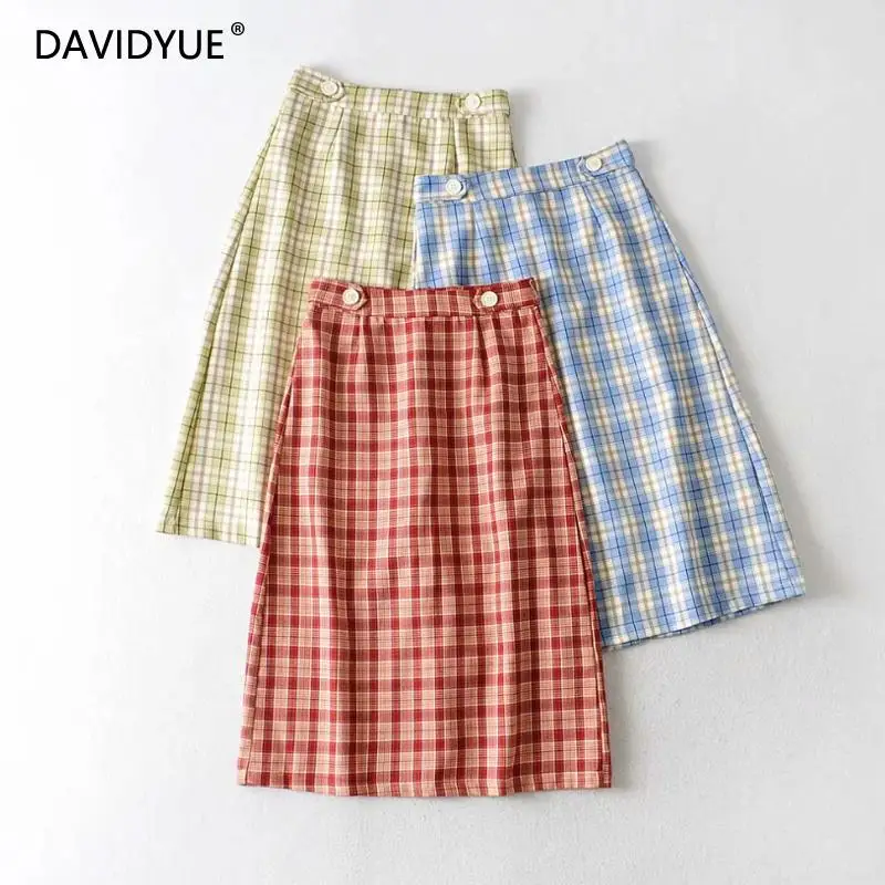 Длинные юбки Женская винтажная клетчатая юбка элегантная женская с высокой