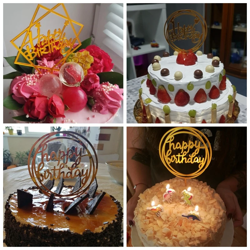 

1PC Acrylic Cake Topper Gold Flash Cake Topper Happy Birthday Party New Year Decoration For Home Party Supplies Cupcake Topper