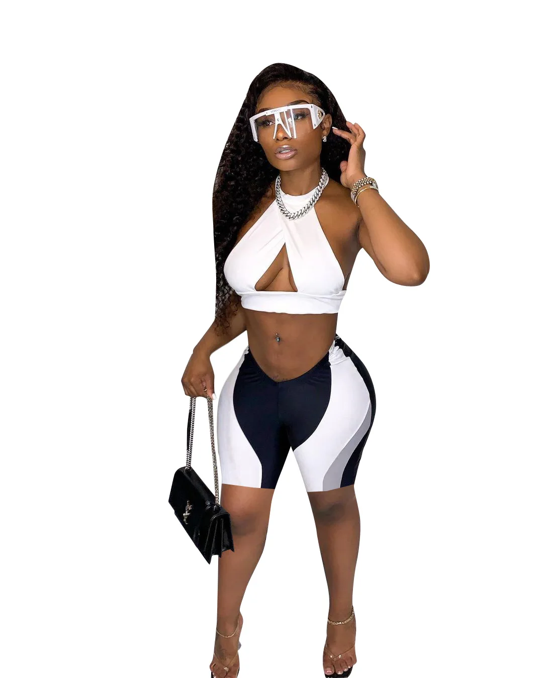 

Women Set Patchwork Sleeveless Halter Hollow Out Crop Tops Strechy Shorts Two 2 Piece Set Active Tracksuit Summer Outfit