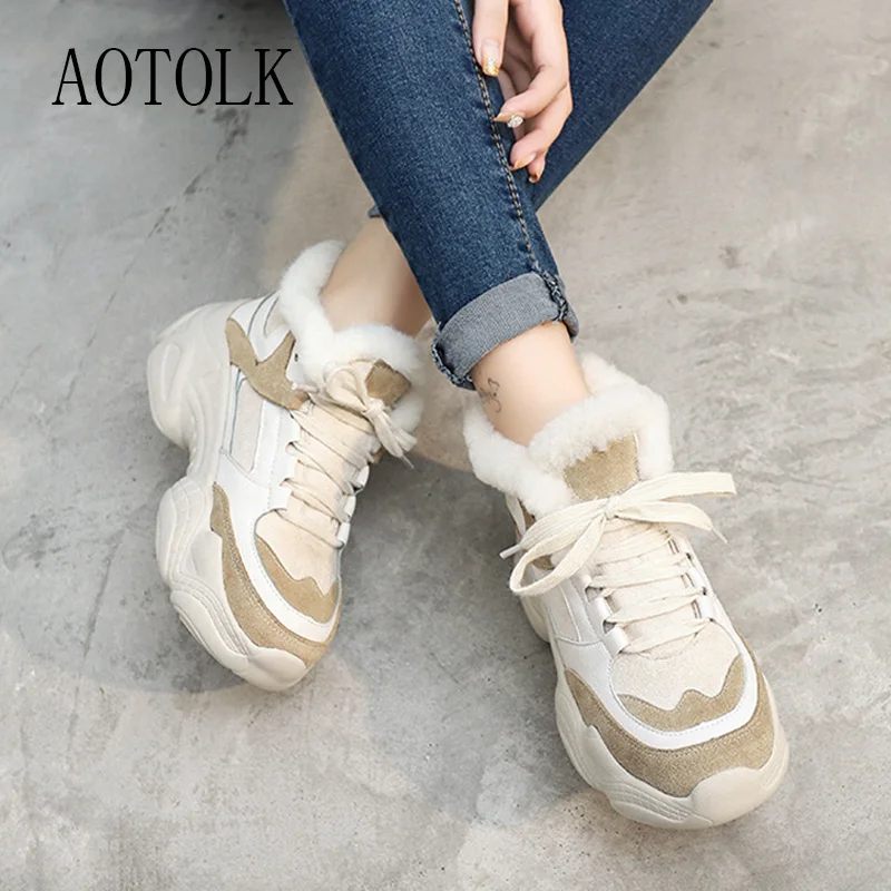 Женские кроссовки на плоской подошве из натуральной кожи Плюшевые зимние