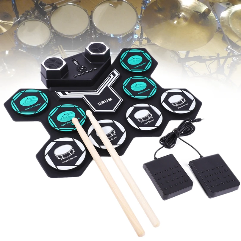 Roll Up Electronic Drums Set 8 Silicon Pads Built-in Speakers MIDI Support Bluetooth-compatible with Built-in Lithium Battery