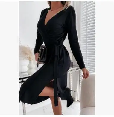 

Женское платье с поясом и V-образным вырезом, Элегантное Длинное однотонное платье в европейском и американском стиле, Осень-зима 2021