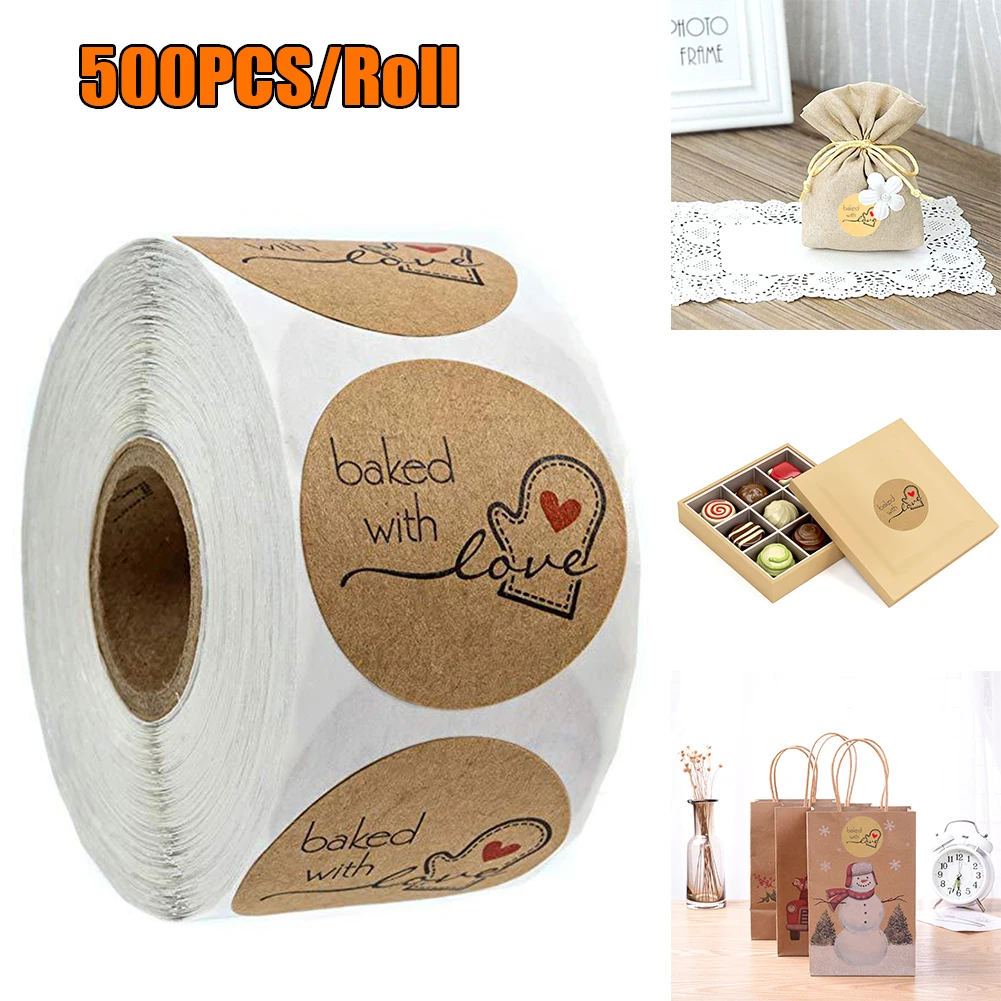 

500 Labels Natural Kraft Paper Round "Baked with Love" Stickers Seal Labels Roll Sticker For Package Decorate Handmade Sticker