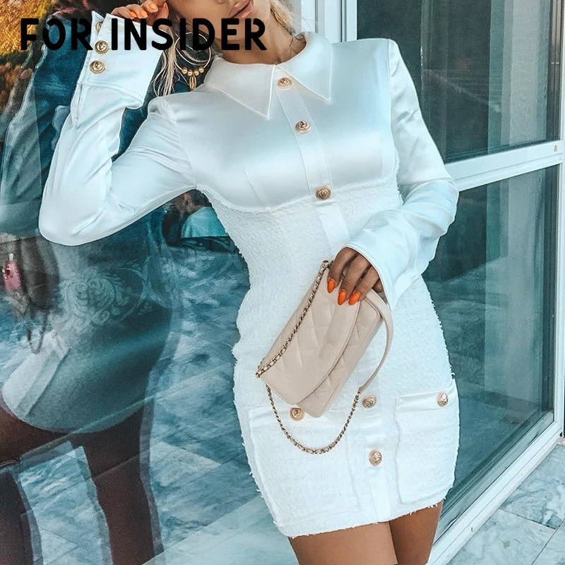 Для инсайдера твидовый блейзер лоскутное белое платье женское с длинным рукавом