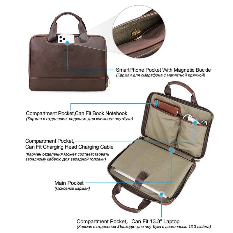 OYIXINGER Men's Leather Business Briefcase Suitable For Dell Hp Acer 15 inch Laptop Bag Female Vintage Shoulder Bags With Pouch