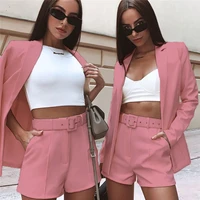 casaul women office lady two piece set jacket coat and pants with belt solid color high street tracksuit clothes for women