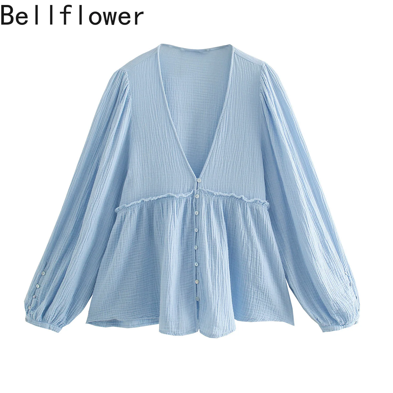 

Tops Women 2021 New Deep Fashion with Buttons Ruffled Blouses Loose Crop Top Vintage V Neck Long Sleeve Female Shirts Chic Tops