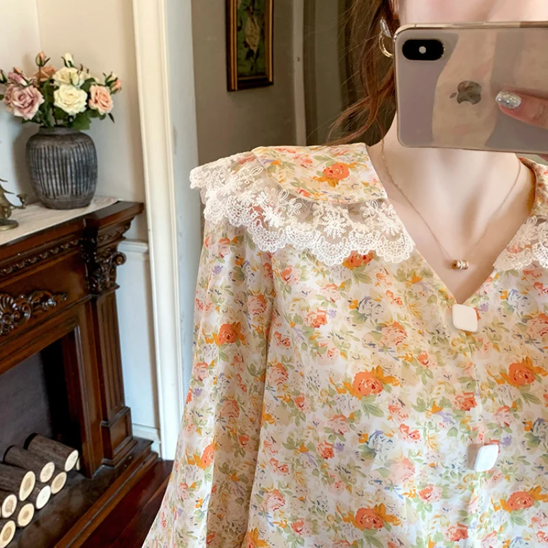 

Women Doll Collar Floral Blouse Spring Puff Sleeve Women Designer Vintage Shirts Lady Clothing Ladies Party Top Mujer Blusa