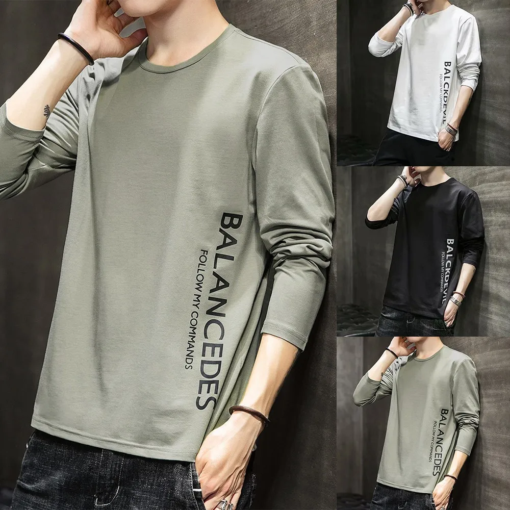 

Men Long-sleeved T-shirt Autumn Long-sleeved Men Loose Round Neck Letter Pattern Casual Shirt Fashion Autumn Winter Thin Top HOT