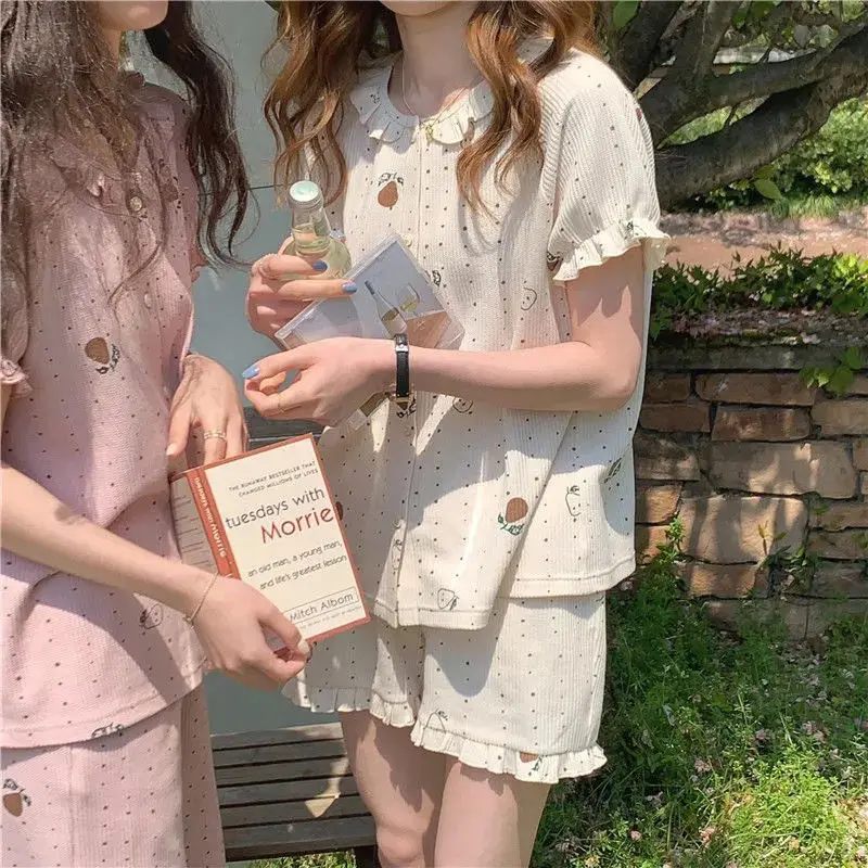 

QWEEK Cotton Sleepwear Korean Style Pijama Kawaii Pajamas for Women Cute Cartoon Print Pyjama Summer 2021 Set 2 Piece Loungewear