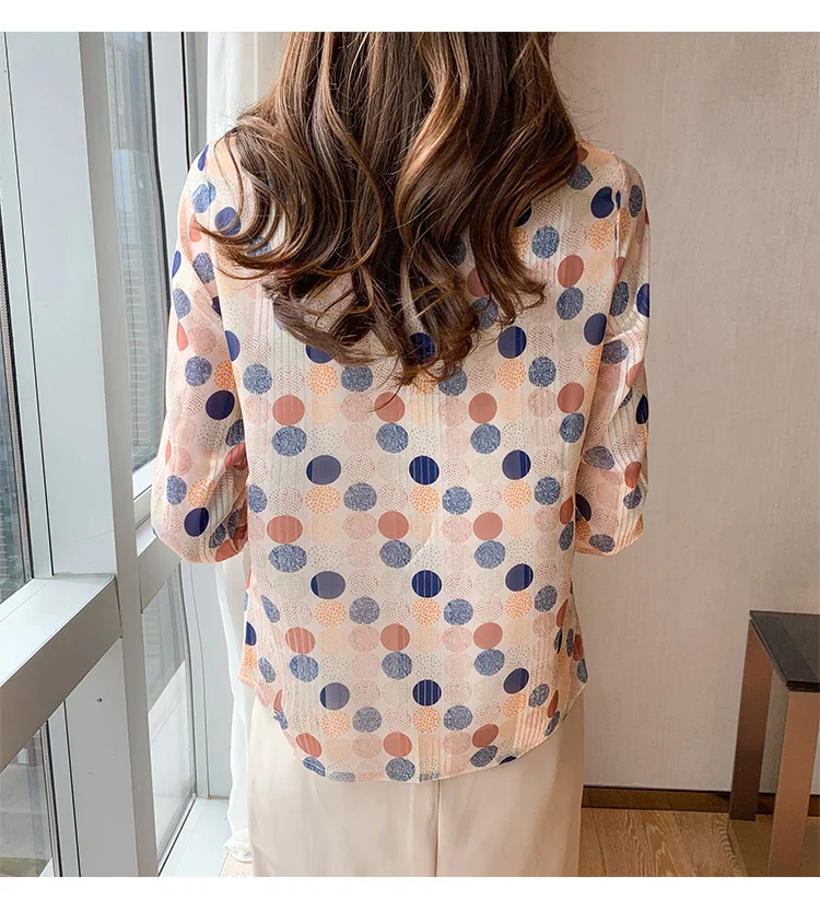 

Houthion Silk Women's Blouses Long Sleeved Top Fashion Casual Silk Shirt New Korean Style Polka Dot Print Blouse Button Blusas