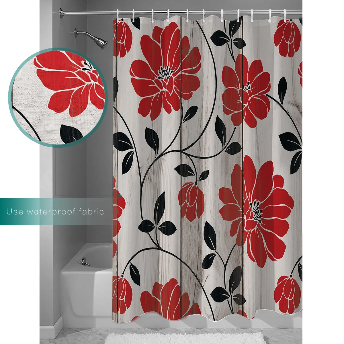 Винтажный деревянный текстурированный фон с бесшовным рисунком красных цветов