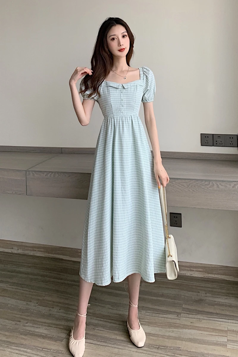 

Women Dress Lattice Short Sleeve Fashion Casual Dresses New Mid-length Plus Size Square Collar Loose Summer 30045