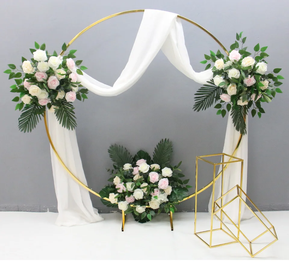 

2 PCS Shiny Gold Iron Circle Flower Arch with Plinth Table Pillar Cake Stand Floral Holder For Wedding Backdrops Birthday Party