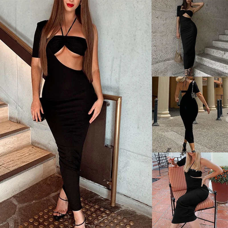 

Summer Ladies Unilateral Sleeve Irregular Pure Color Hollow One-Piece Dress