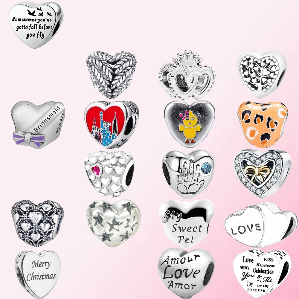 Женский браслет из 100% стерлингового серебра 925 пробы с сердечками и перьями