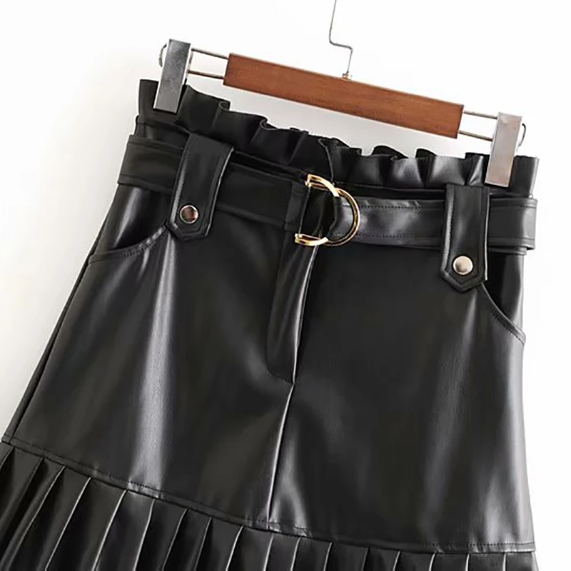 Винтажная юбка из искусственной кожи Женская однотонная плиссированная