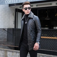 Brands autumn winter real sheepskin leather jacket is long and lined with real wool large lapels removable black keep warm
