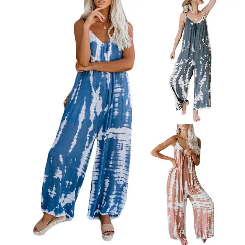

Women Spaghetti Strap Loose Jumpsuit Sexy V-Neck Backless Wide Leg Pants Rompers Boho Gradient Tie-Dye Print Beach Lounge Overal