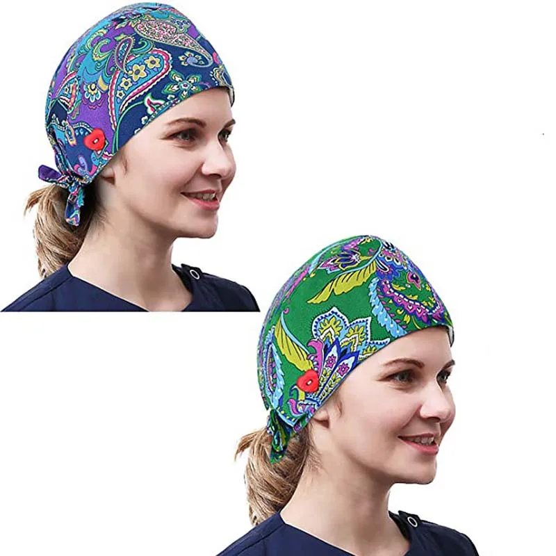 

Nurse Hats Women Doctor Ethnic Paisley Button Scrub Cap With Ponytail Holder Ties Protect Ears Work Bouffant Hat gorro enfermera