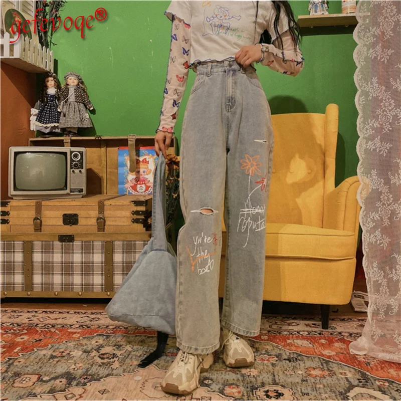 

Women's Vintage Clothes Korean Fashion Streetwear Casual Wide Leg Print Denim Trousers Straight Jeans High Waist Ripped Pants